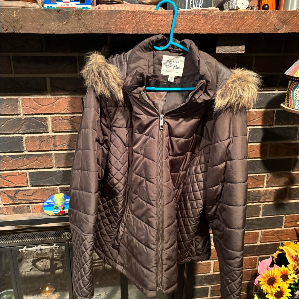 Maralyn & Me Brown Quilted Puffer Jacket with Faux Fur